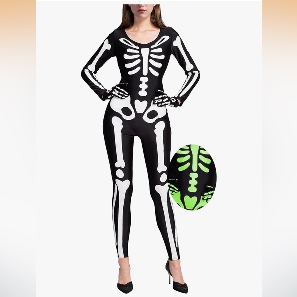 NWT Spooktacular Creations Glow in the Dark Skeleton Costume Bodysuit/Gloves